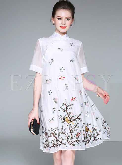 Silk Loose Embroidered Stand Collar Short Sleeve Shift Dress