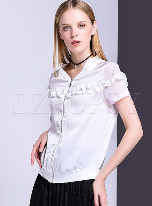 Pure Color Zipper Short Sleeve T-shirt
