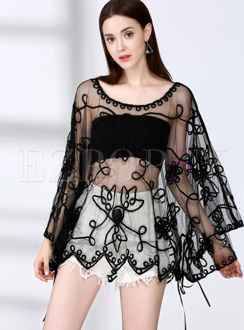 Sexy Lace Perspective O-neck Sun-proof Blouse 