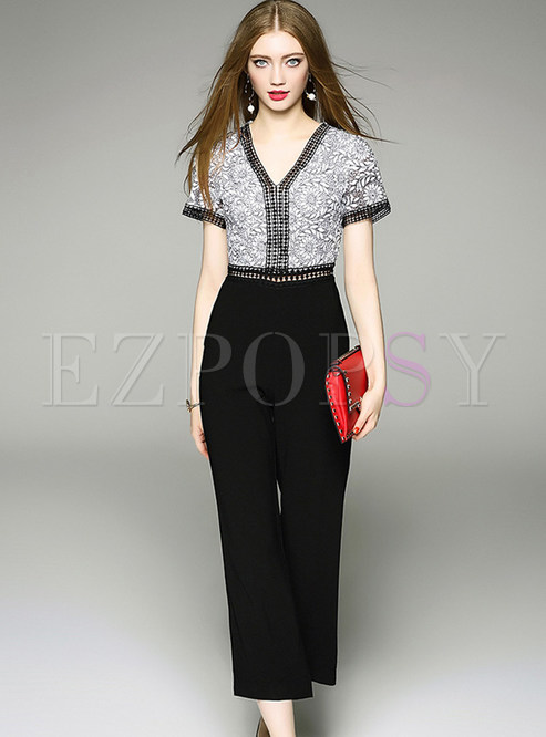 Hit Color Hollow Out Lace Stitching Short Sleeve Jumpsuits