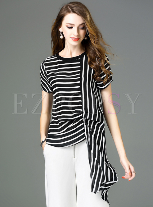 Asymmetric Monochrome Stripe Silk T-shirt