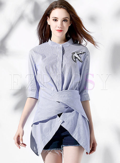 Casual Straight Stand Collar Half Sleeve Loose Blouse