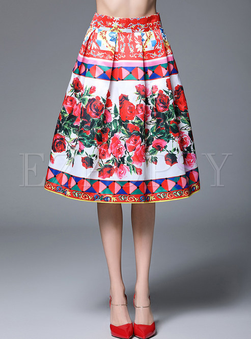 Rose Design Print Wrinkle Skirt