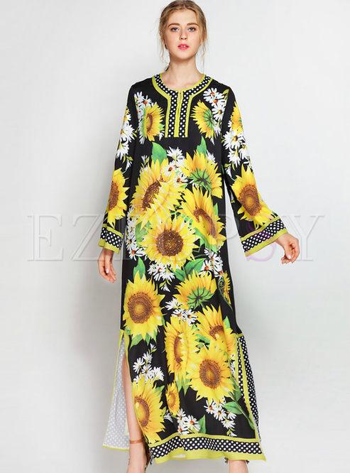 Bohemian Sunflower Print Open Fork Bead O-neck Long Sleeve Maxi Dress 