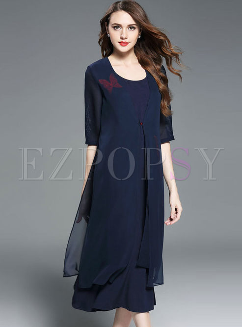 Casual Splicing Gauze Butterfly Embroidered Half Sleeve Coat 