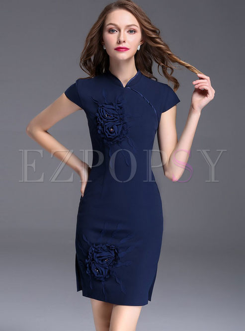 Party Bead Splicing Pure Color Stand Collar Short Sleeve Sheath Slim Bodycon Dress