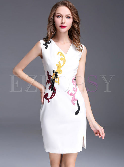 Sexy Embroidered Open Fork Splicing Sequins V-neck Slim Bodycon Dress