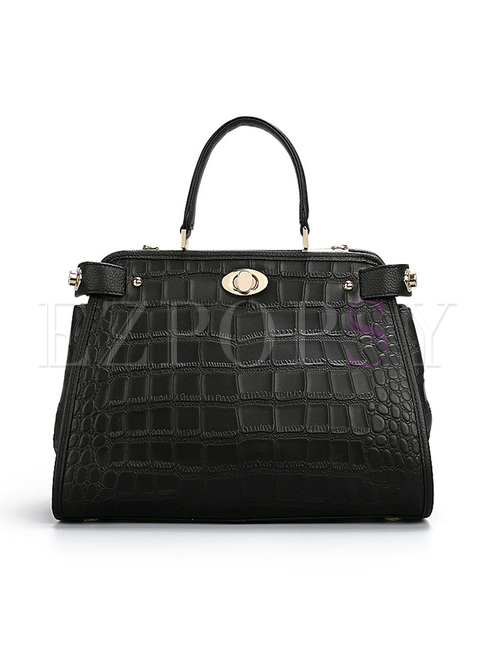 Large Black Croco-pattern Zipper Pocket Top Handle Bag