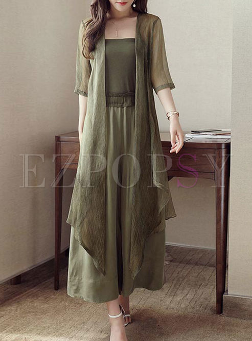 Vintage Pure Color Splicing Pleated Half Sleeve Two-piece Outfits 
