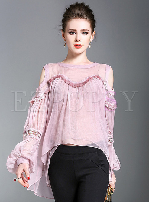 Edging Stitched Chiffon Horn Sleeve Blouse
