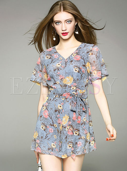 Casual Floral Print V-neck High Waist Rompers