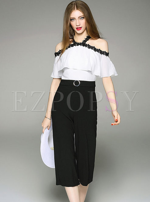 Sexy Black And White Color Blocking Off Shoulder Sheath Jumpsuits 