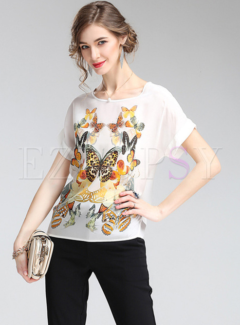 Chic Bat Sleeve Butterfly Print Blouse