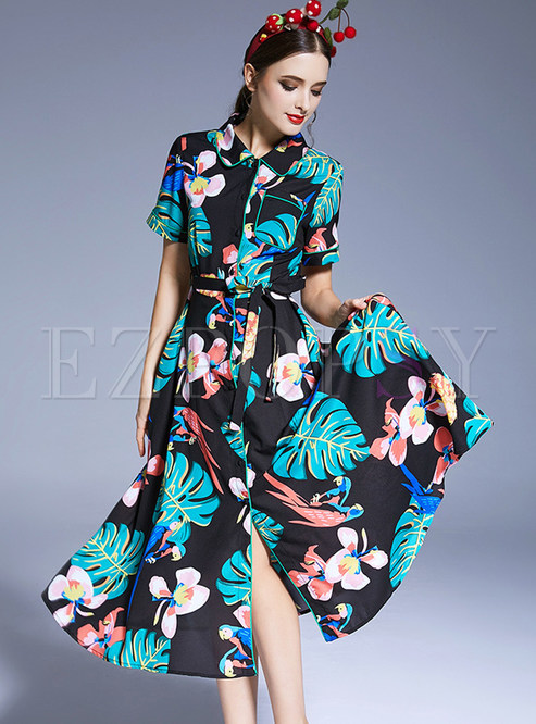 Turn Down Collar Printed Maxi Dress