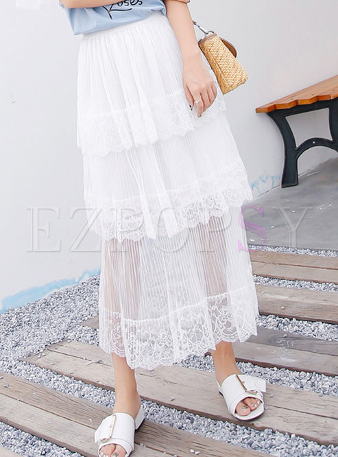 Sexy Pure Color Lace Gauze Splicing Pleated Tiered Skirt 