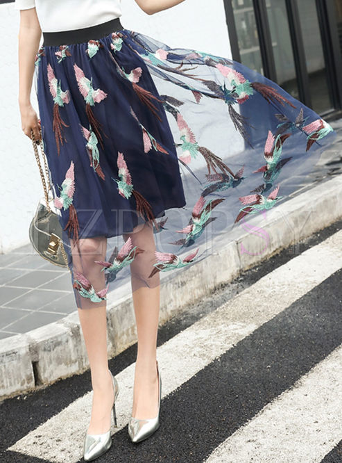 Casual Phoenix Embroidered Perspective Gauze Skirt 