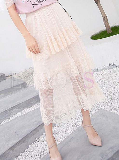 Cute Pure Color Lace Gauze Splicing Pleated Tiered Skirt 