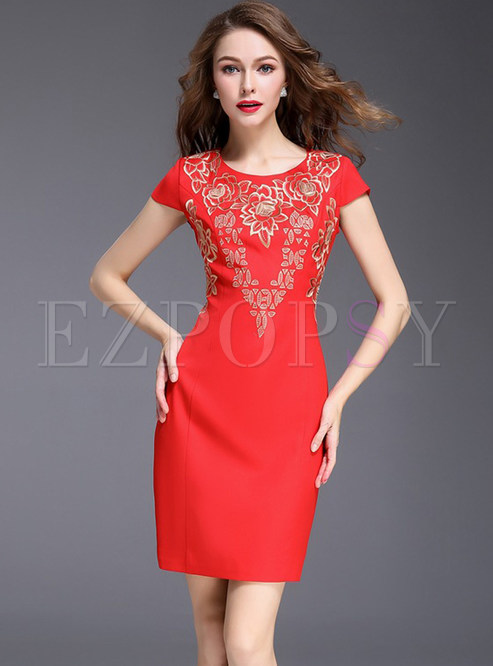 Dresses | Bodycon Dresses | Ethnic Embroidered Slim Red Bodycon Dress