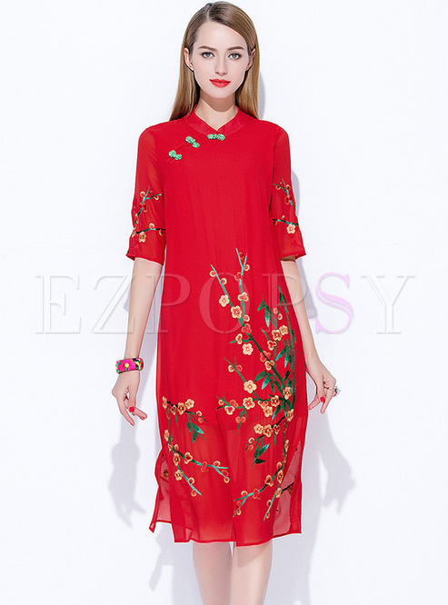 Vintage Loose Embroidery Improved Cheongsam Shift Dress