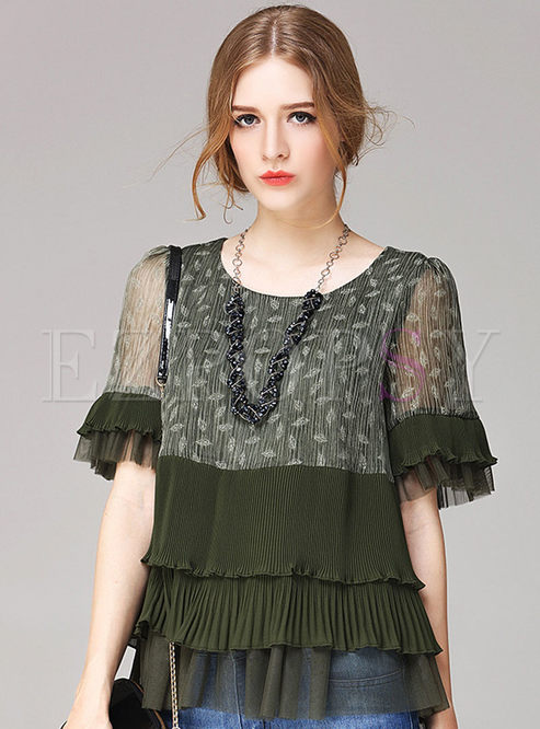 Casual O-neck Short Sleeve Stitched Blouse