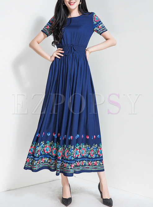 Blue Brief Embroidery Waist Tied Maxi Dress