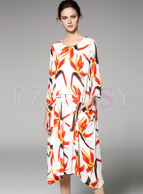 Asymmetry Silk Floral Print Shift Dress