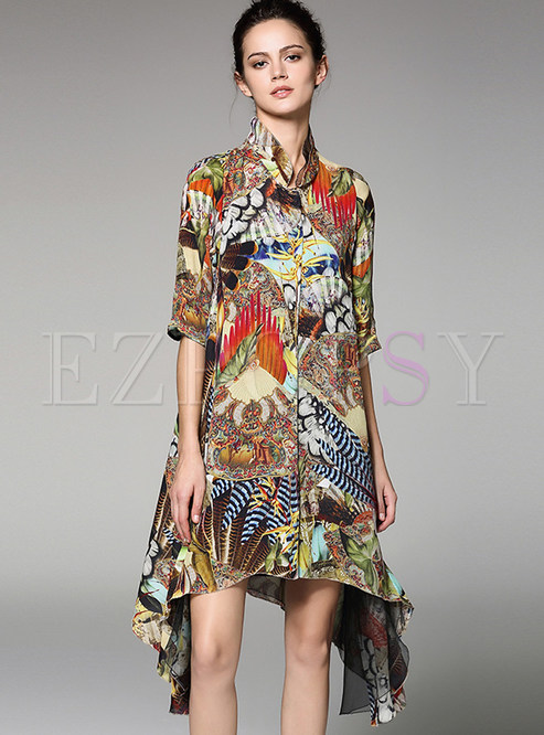 Vintage Asymmetry Floral Print Stand Collar Shift Dress