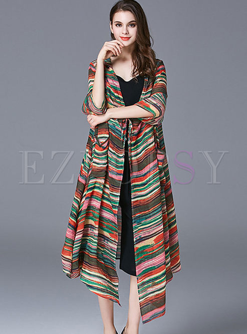 Ethnic Striped Hooded Loose Coat