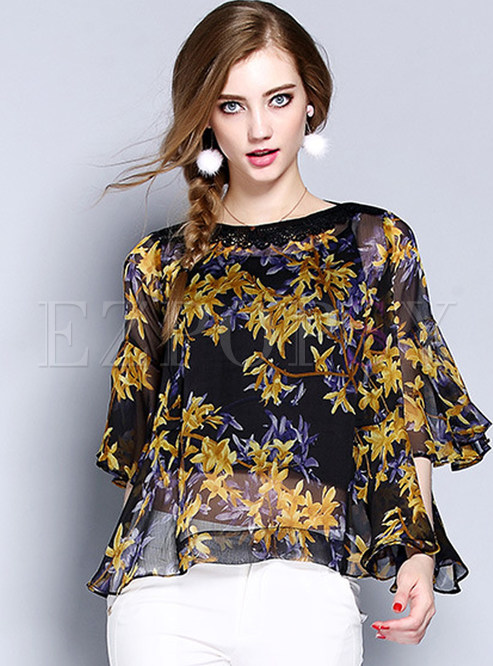 Chiffon Lace Floral Print Flare Sleeve Blouse With Camis