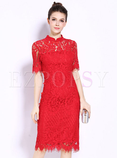 Sexy Red Stand Collar Lace Hollow Short Sleeve Slim Dress