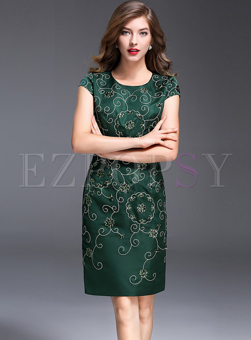 Vintage Embroidered Nail Drill Bodycon Dress