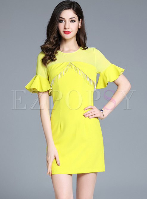 Elegant Flare Sleeve Tassel Yellow Bodycon Dress