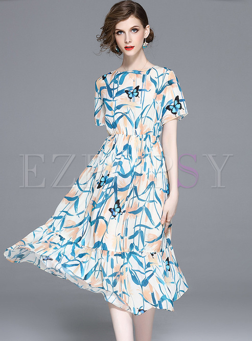 Dresses | Skater Dresses | Elegant Blue Print Waist Skater Dress