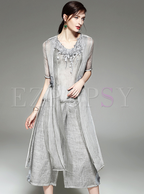 Casual Loose Embroidery Two-piece Outfits With Half Sleeve Coat