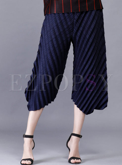 Casual Pure Color Loose Pleated Asymmetrical Wide Leg Pants 