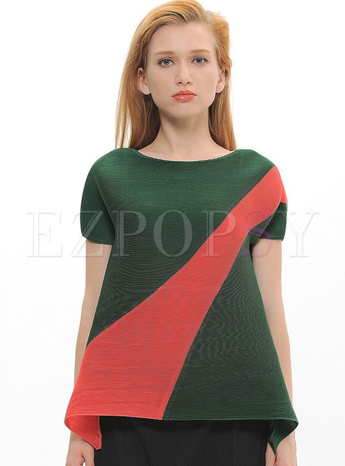 Brief Color Blocking Plaeted O-neck T-shirt