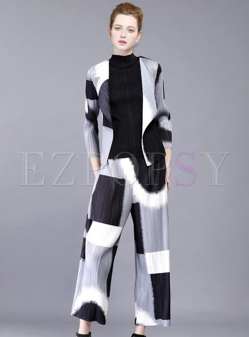 Work Print Pleated Color Blocking Turn-down Collar Two-piece Outfits 