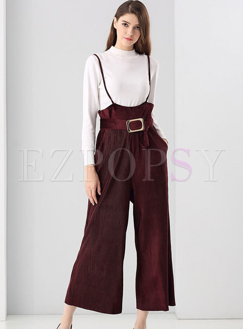 Fashionable Pleated High Waist Belted Jumpsuits