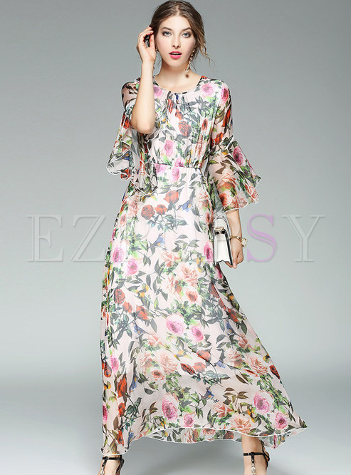 Dresses | Maxi Dresses | Bohemian Floral Print Flare Sleeve Maxi Dress