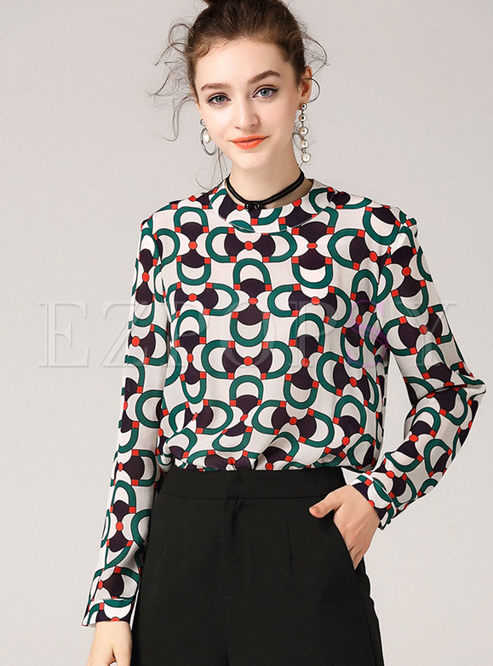 Casual Print Stand Collar Long Sleeve Blouse 
