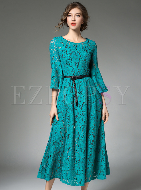 Elegant Lace Hollow Flare Sleeve Maxi Dress