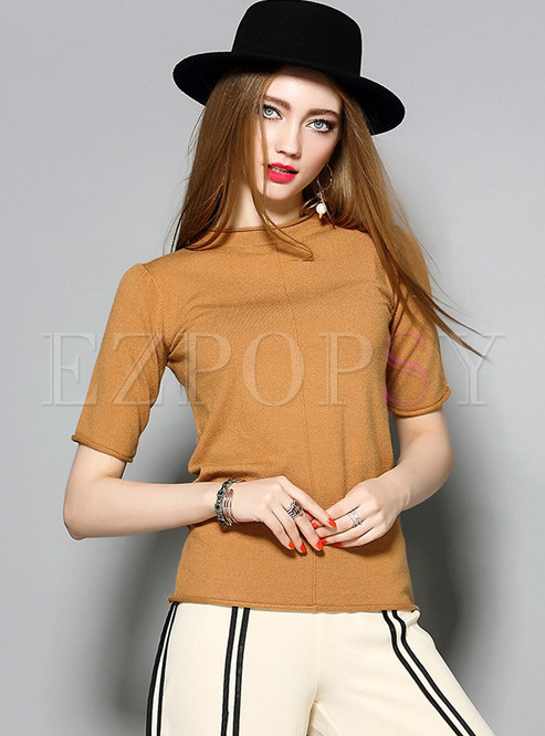 Pure Color Knitted Short Sleeve Sweater