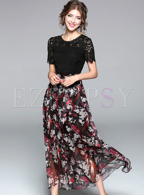 Sexy Lace Splicing Print Hollow-out Sheath Maxi Dress 