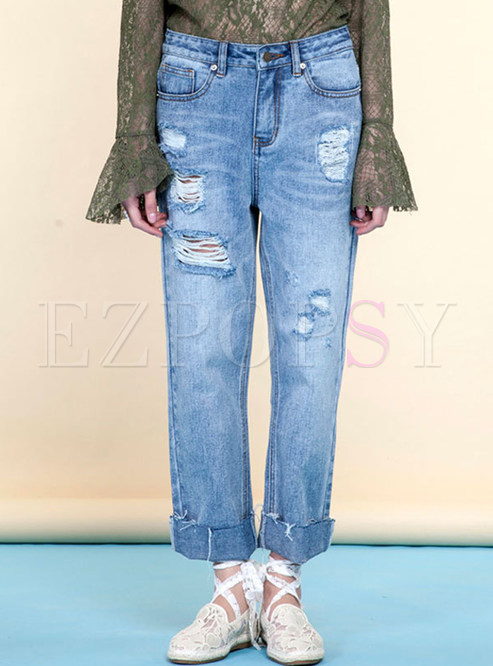 Stylish Hole Cotton Straight Jeans