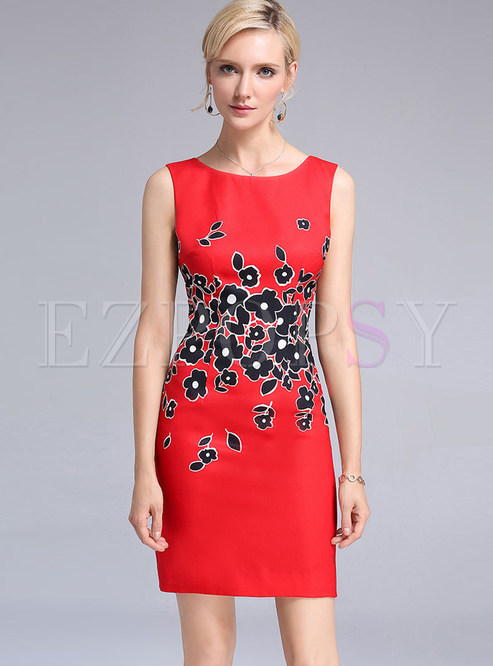 Red Floral Print Sleeveless Bodycon Dress