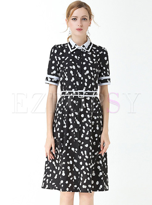 turn down collar colouring polka dot skater dress