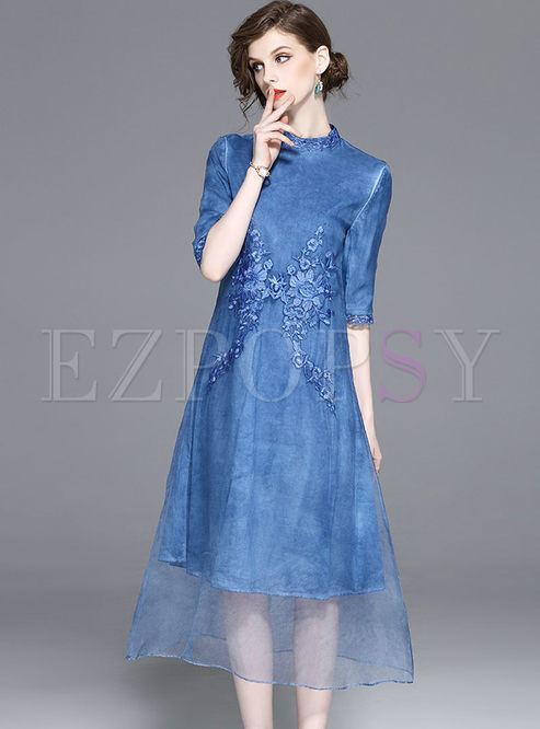 Vintage Mesh Embroidered Stand Collar Shift Dress