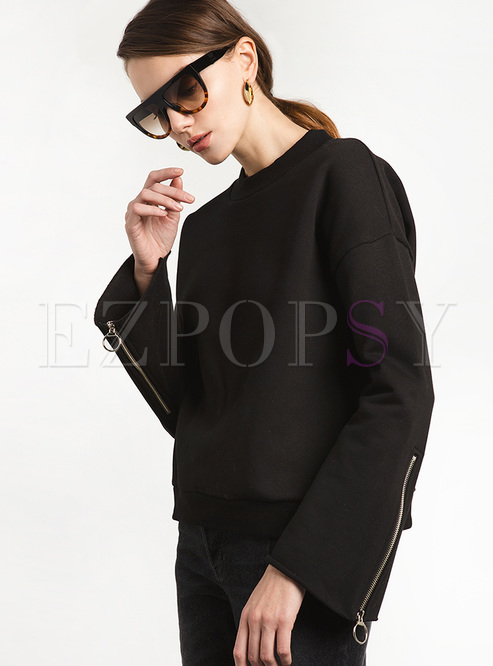 Black Casual Zipper-patched Hoodies