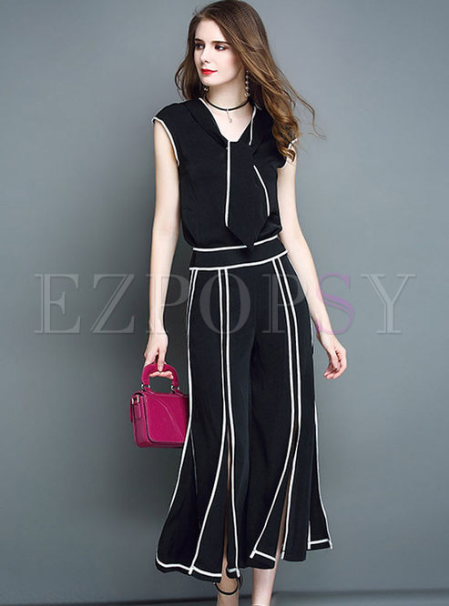 Brief Striped Sleeveless V-neck Two-piece Outfits