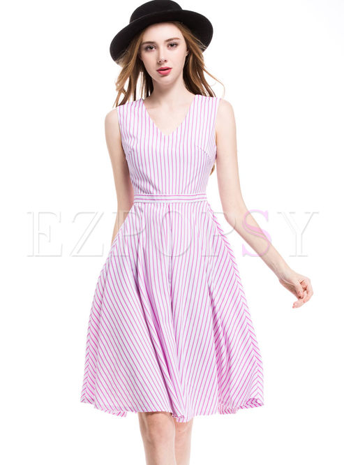 v neck fashion casual striped skater dress